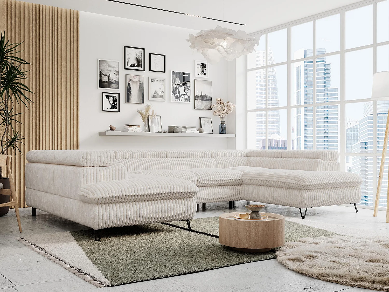 Ecksofa PETER U - schlaffunktion und Bettkästen, verstellbare Kopfstützen - Creme Cord