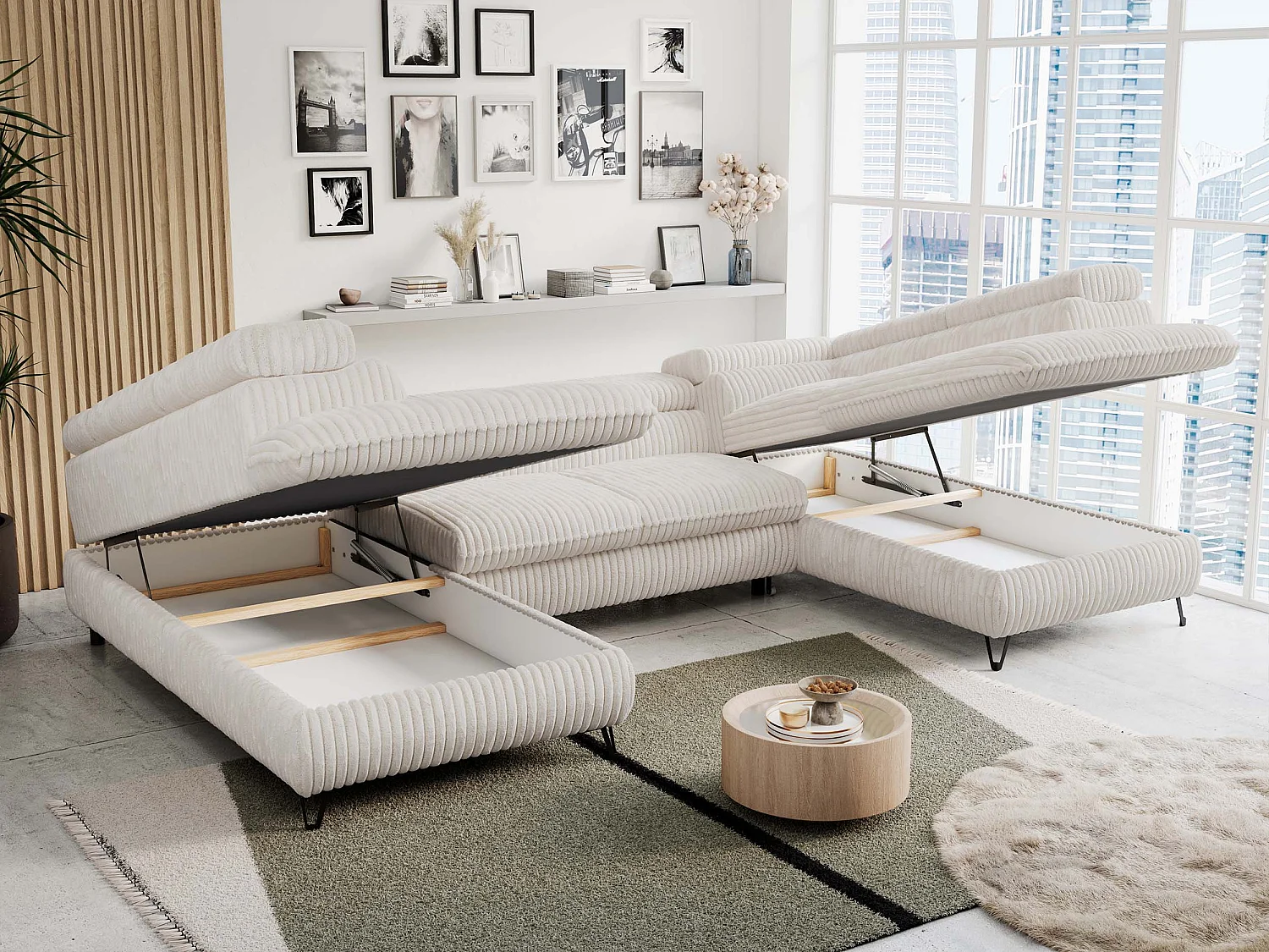 Ecksofa PETER U - schlaffunktion und Bettkästen, verstellbare Kopfstützen - Creme Cord