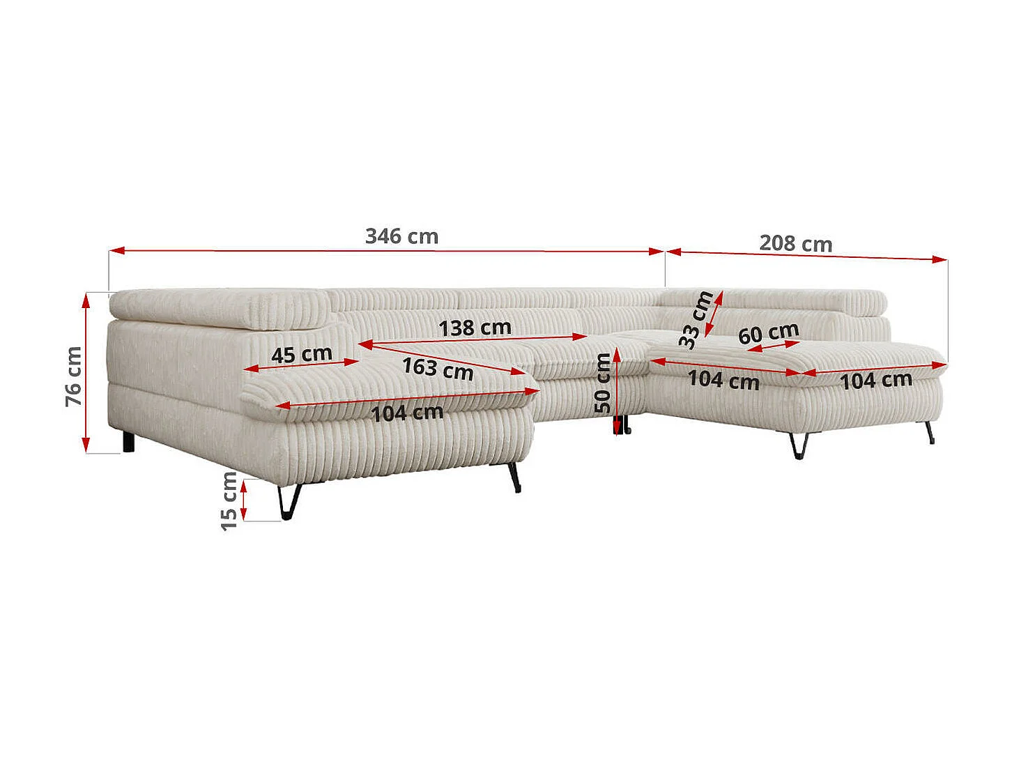 Ecksofa PETER U - schlaffunktion und Bettkästen, verstellbare Kopfstützen - Creme Cord
