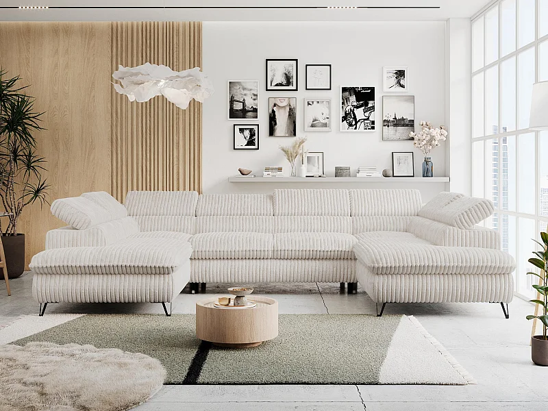 Ecksofa PETER U - schlaffunktion und Bettkästen, verstellbare Kopfstützen - Creme Cord