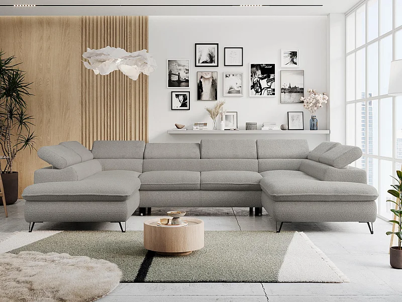 Ecksofa PETER U - schlaffunktion und Bettkästen, verstellbare Kopfstützen - Hellgrau Boucle