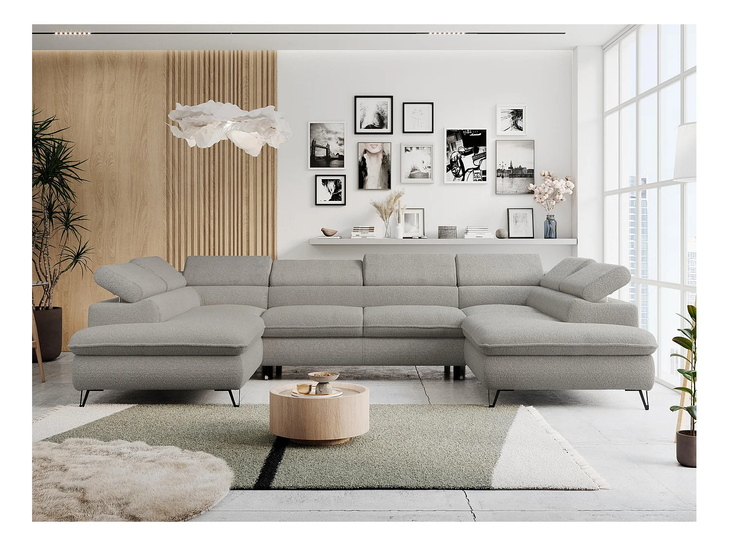 Ecksofa PETER U - schlaffunktion und Bettkästen, verstellbare Kopfstützen - Hellgrau Boucle