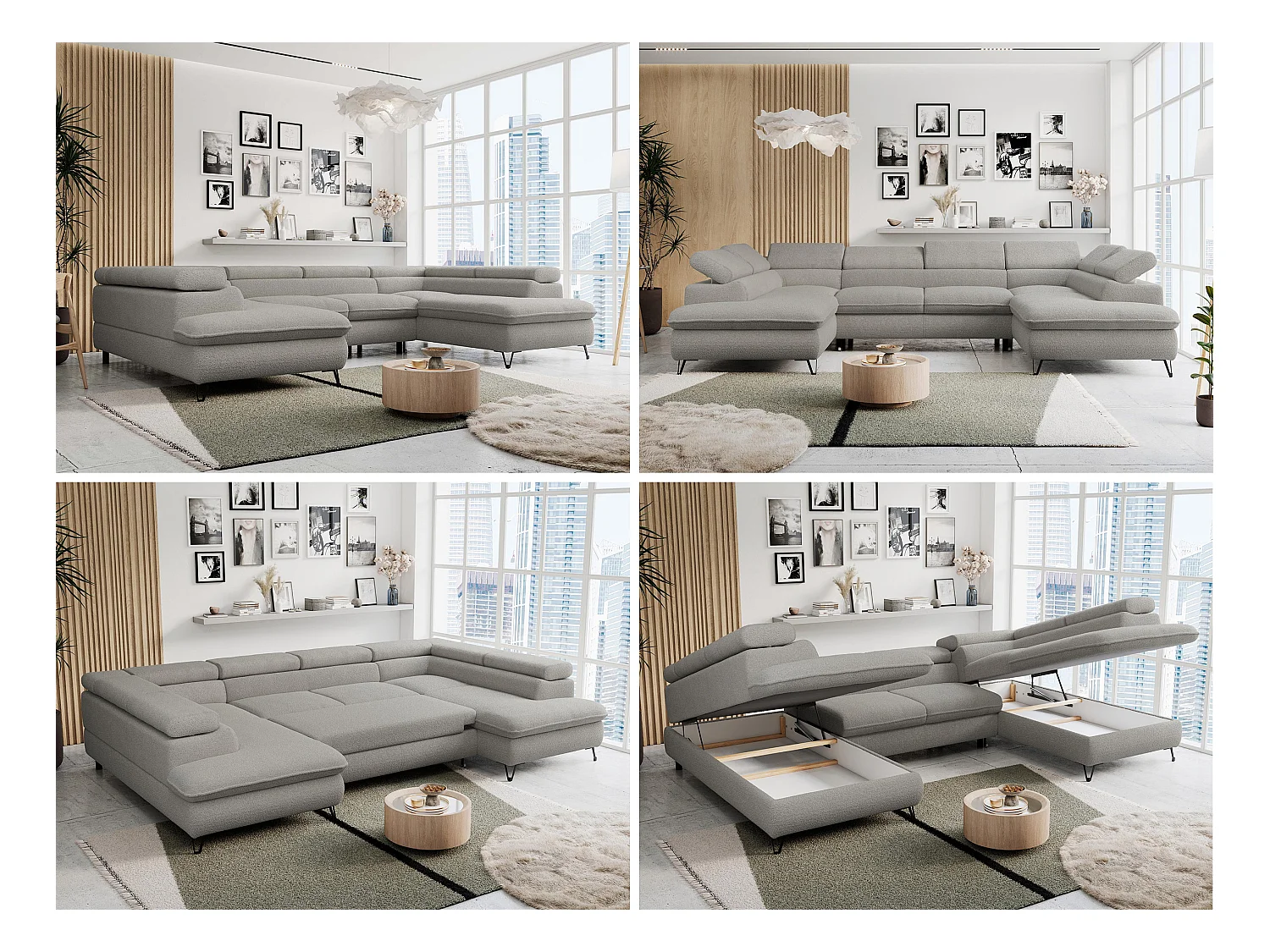 Ecksofa PETER U - schlaffunktion und Bettkästen, verstellbare Kopfstützen - Hellgrau Boucle