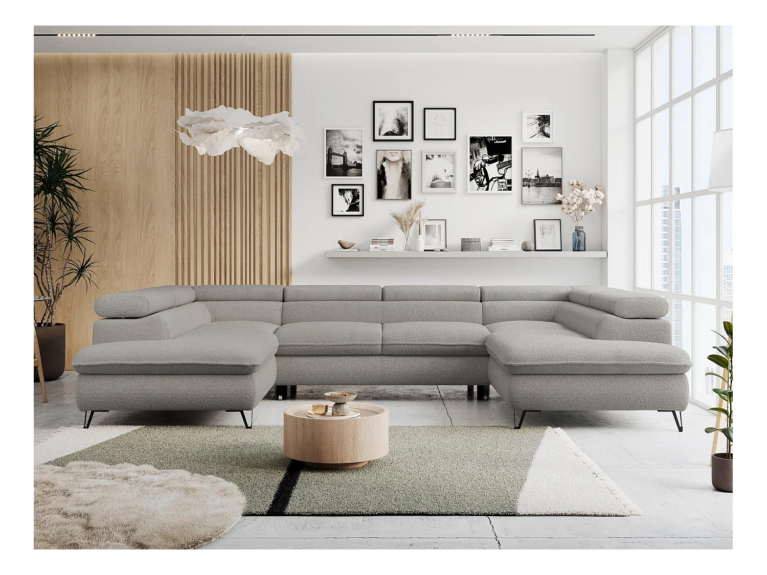 Ecksofa PETER U - schlaffunktion und Bettkästen, verstellbare Kopfstützen - Hellgrau Boucle