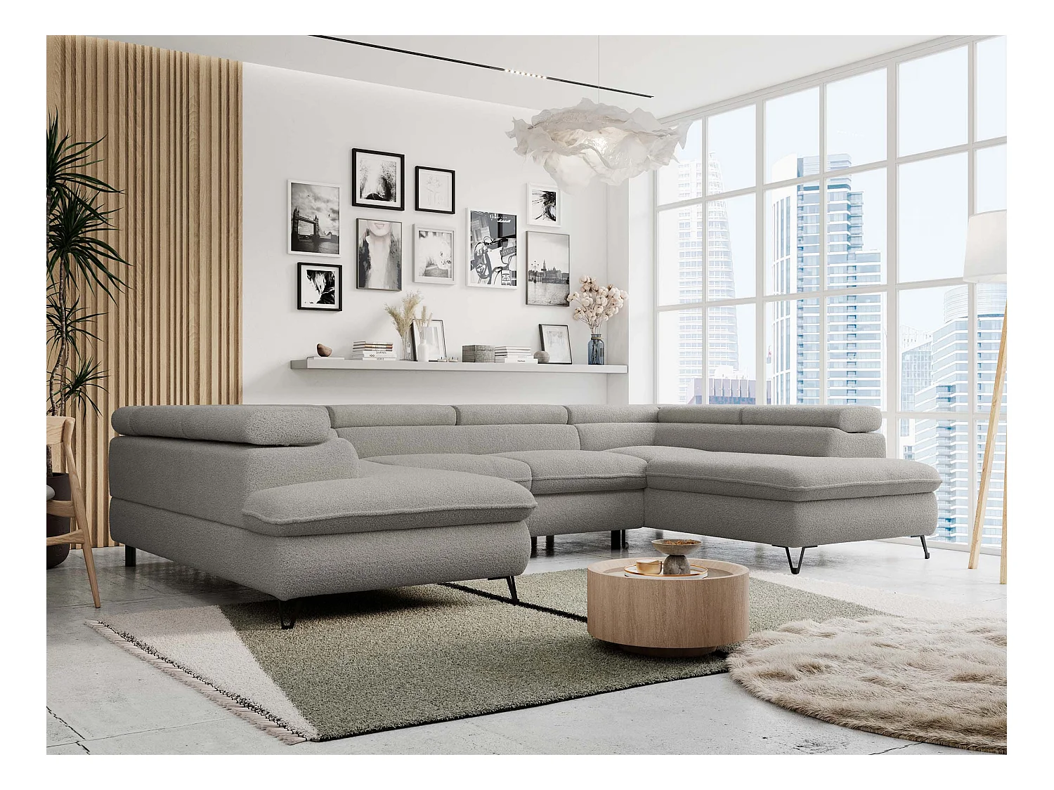 Ecksofa PETER U - schlaffunktion und Bettkästen, verstellbare Kopfstützen - Hellgrau Boucle