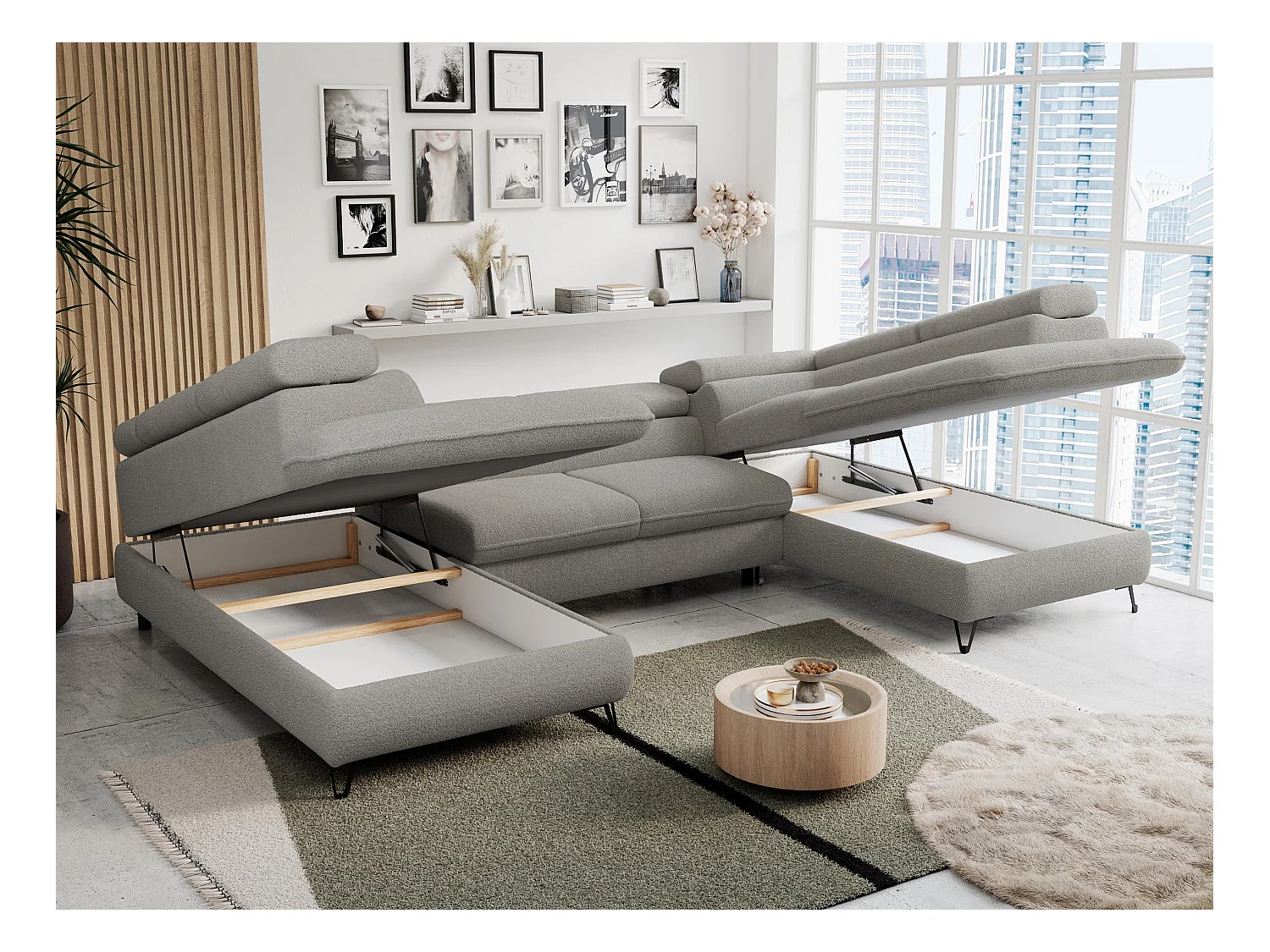 Ecksofa PETER U - schlaffunktion und Bettkästen, verstellbare Kopfstützen - Hellgrau Boucle