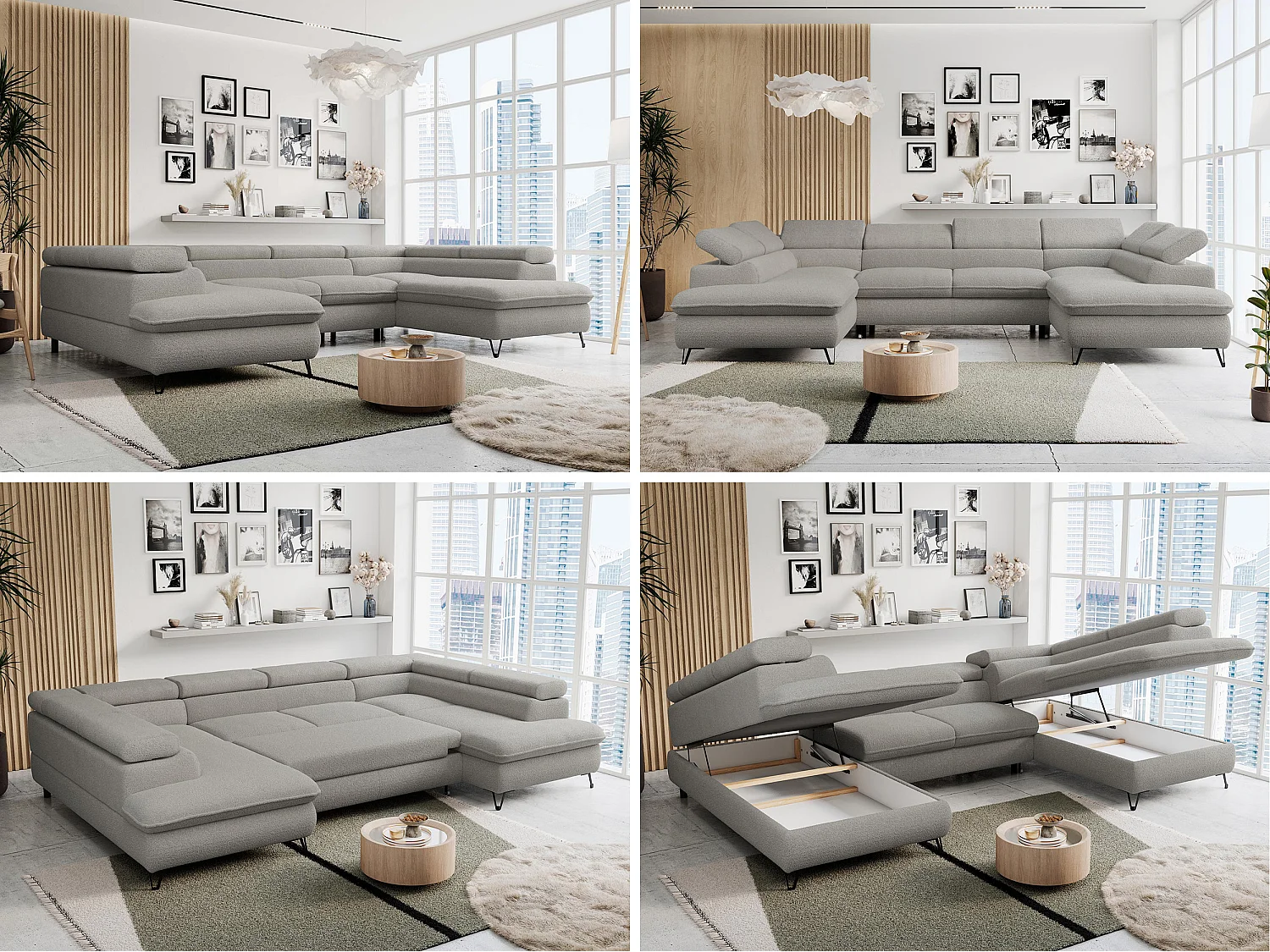 Ecksofa PETER U - schlaffunktion und Bettkästen, verstellbare Kopfstützen - Hellgrau Boucle