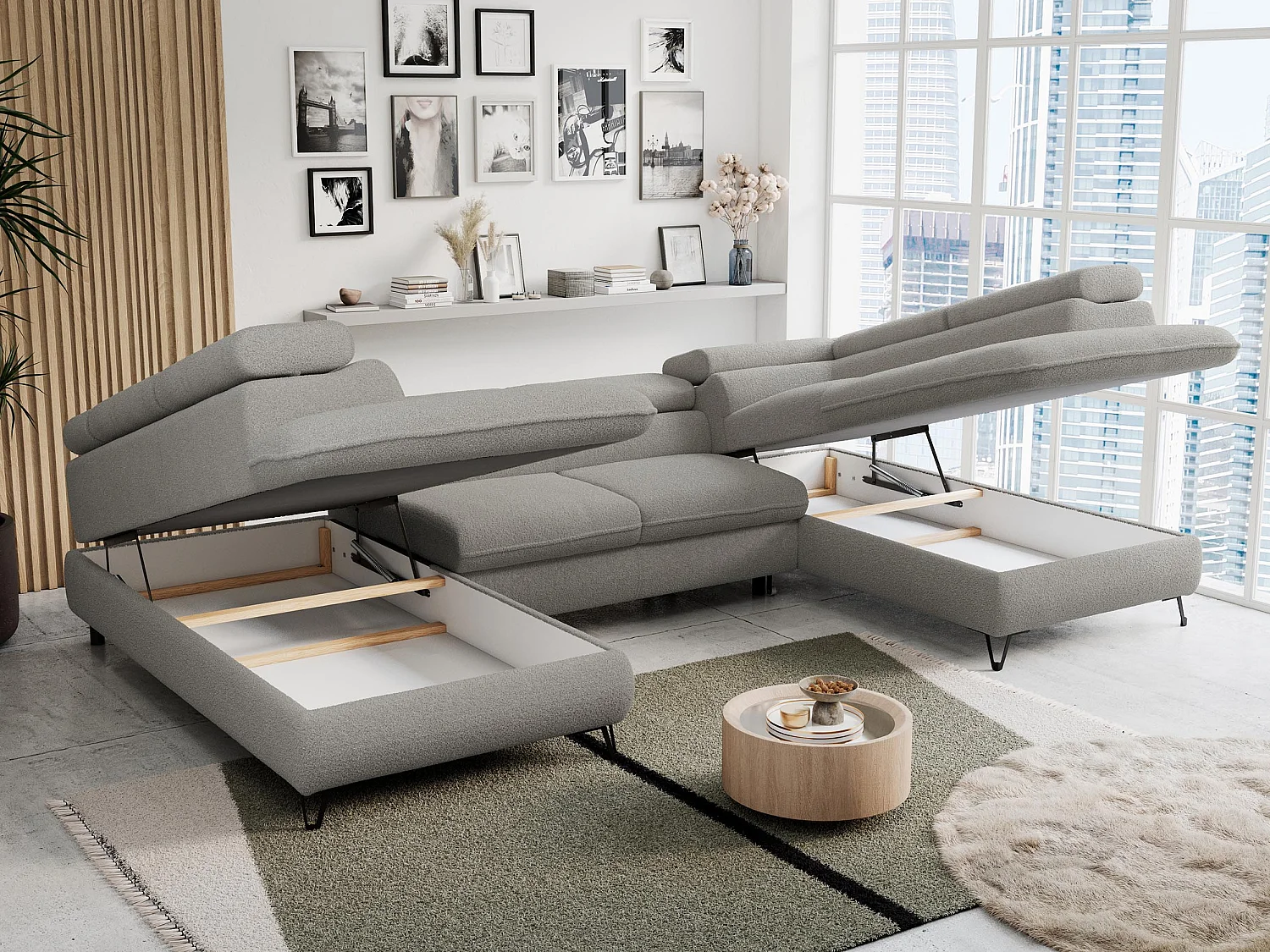 Ecksofa PETER U - schlaffunktion und Bettkästen, verstellbare Kopfstützen - Hellgrau Boucle