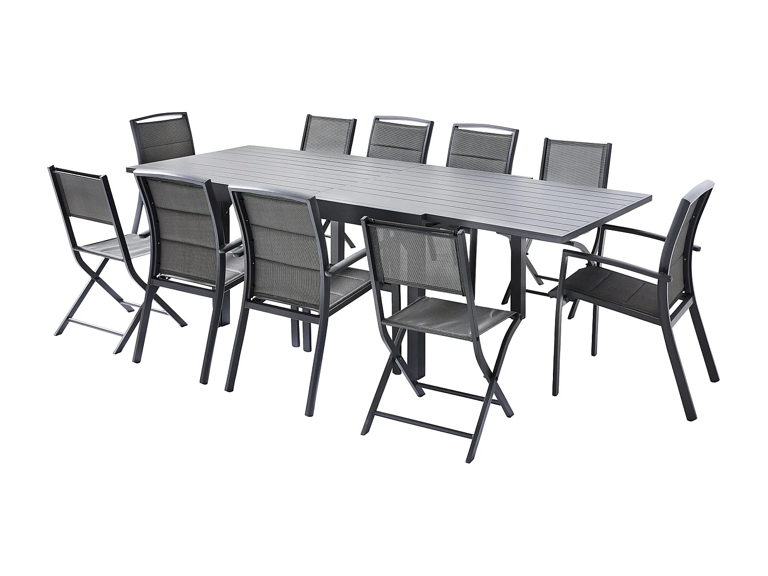 Ensemble MODULO 6/10p en aluminium et 6 fauteuils et 4 chaises pliantes en aluminium et textilène