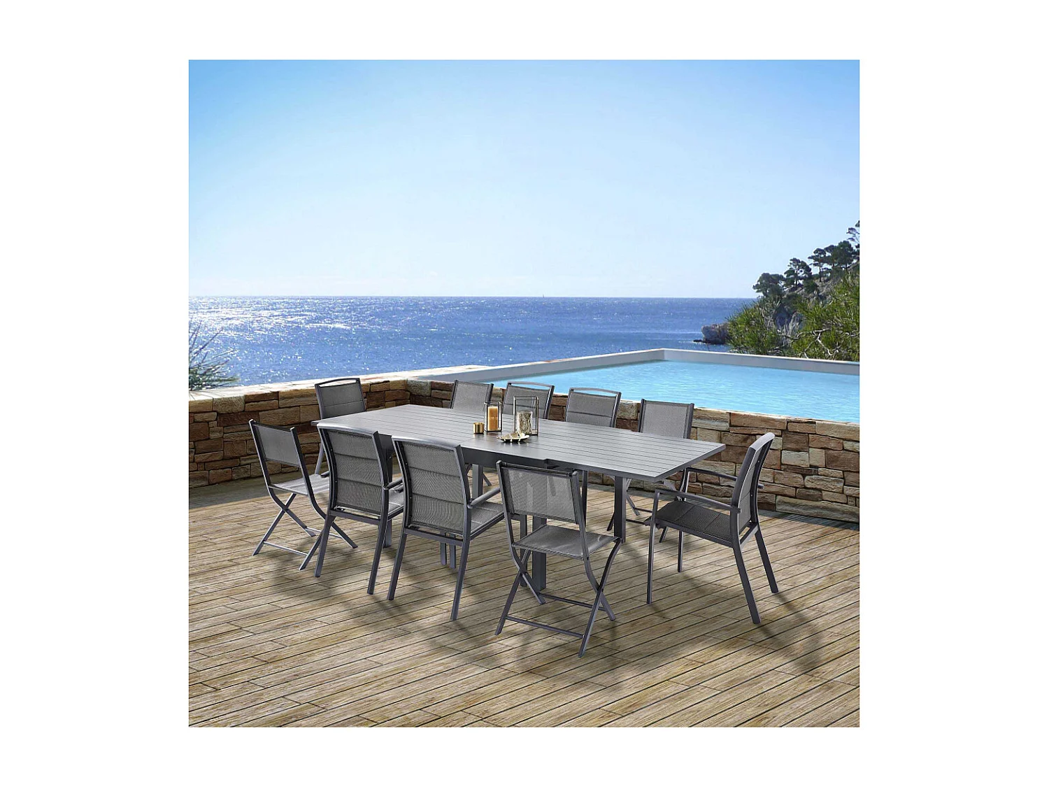 Ensemble MODULO 6/10p en aluminium et 6 fauteuils et 4 chaises pliantes en aluminium et textilène