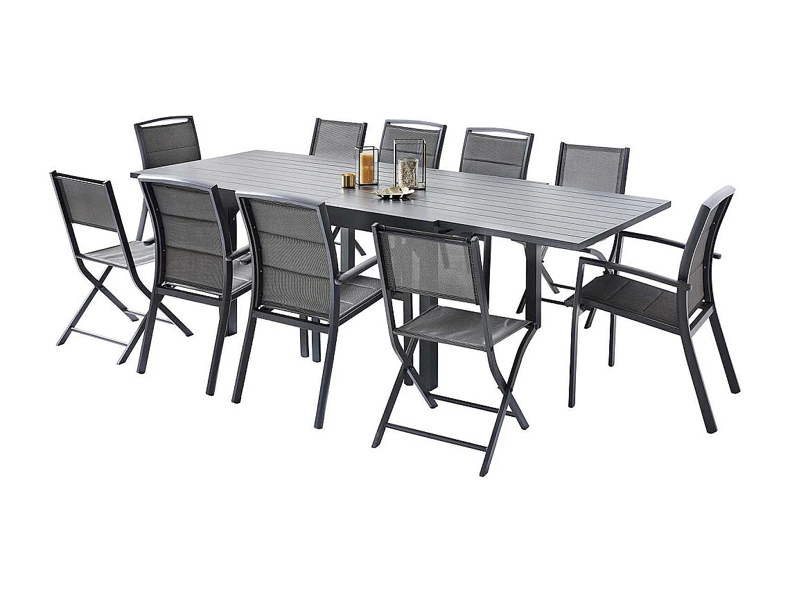 Ensemble MODULO 6/10p en aluminium et 6 fauteuils et 4 chaises pliantes en aluminium et textilène