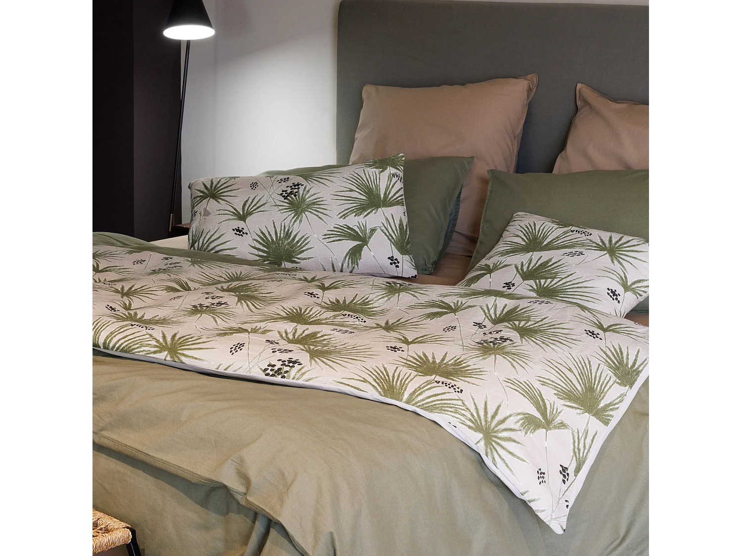 Housse d'édredon 80x200 cm lin lavé motif végétal PALAWAN vert Kaki