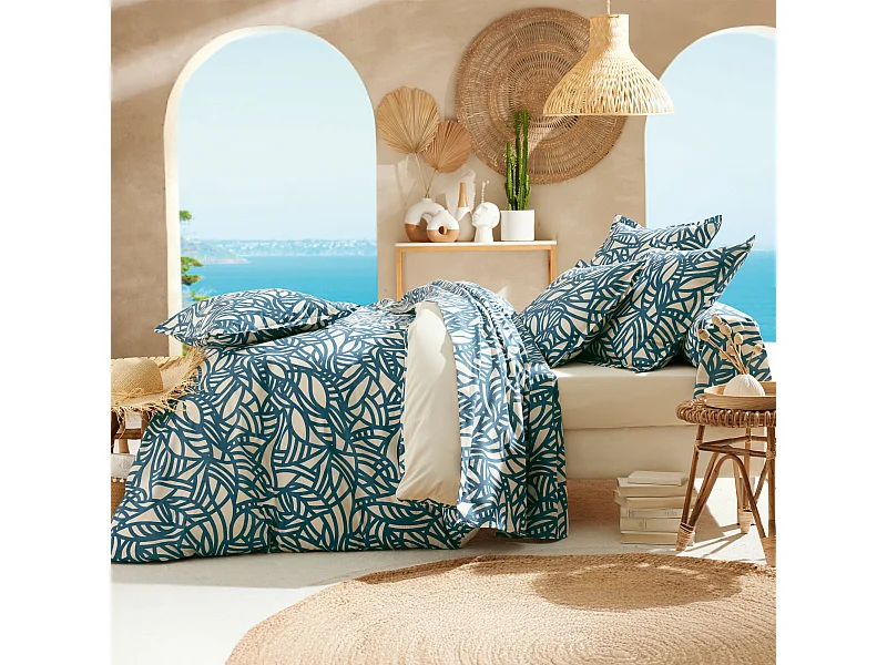 Parure 260x240 cm 65x65 cm coton SERENA Bleu beige 3 pièces