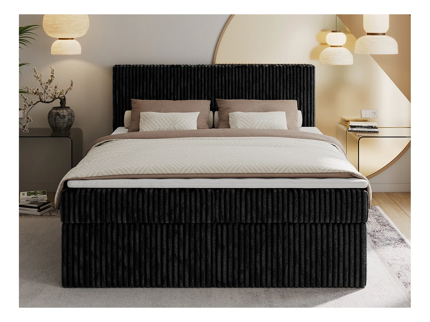 Boxspringbett TILIANO mit Kopfteil und zwei Bettkästen, Cord Bett - 180x200 cm - H3 - Schwarz Cord
