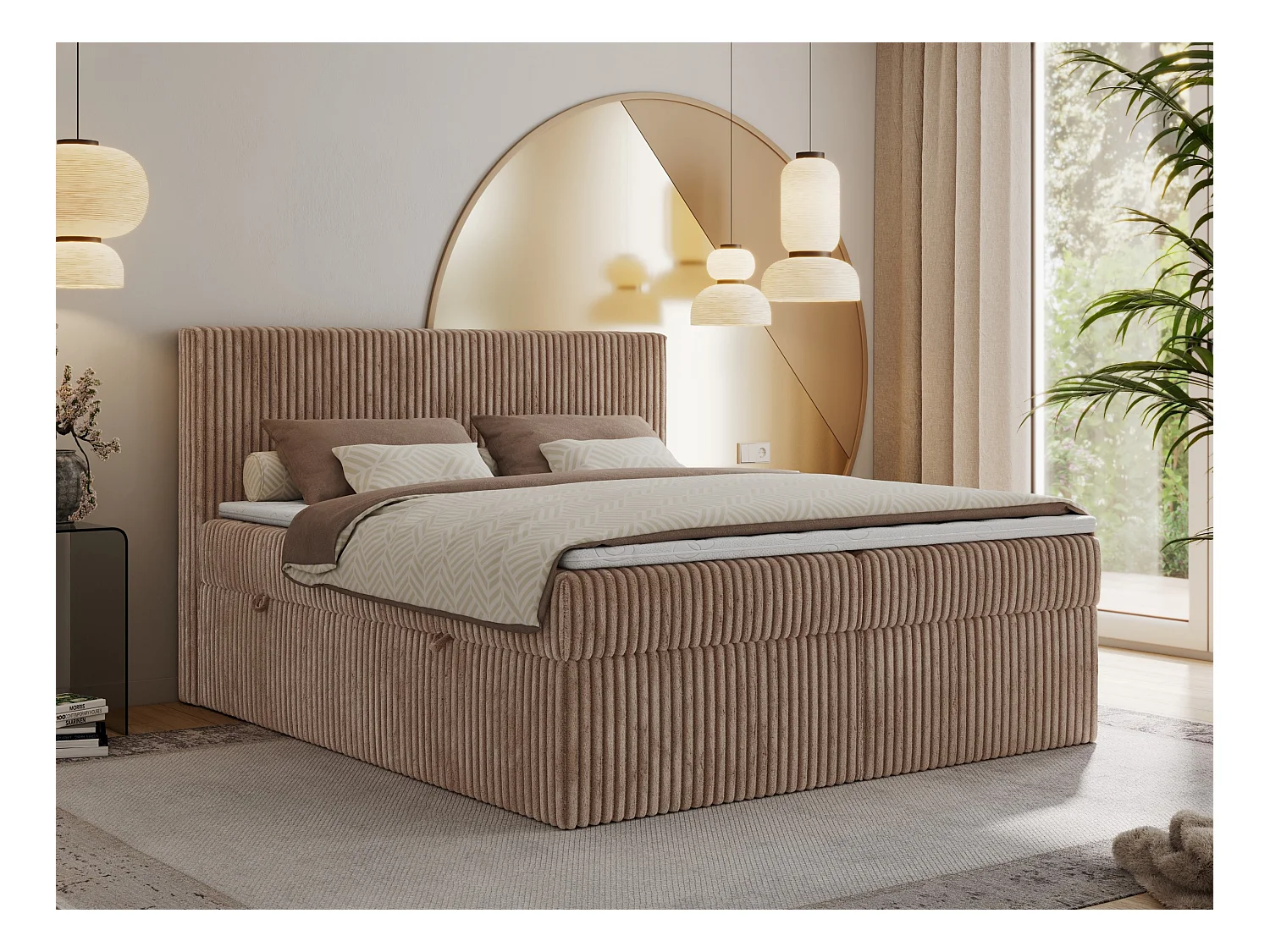 Boxspringbett TILIANO mit Kopfteil und zwei Bettkästen, Cord Bett - 140x200 cm - H4 - Braun Cord