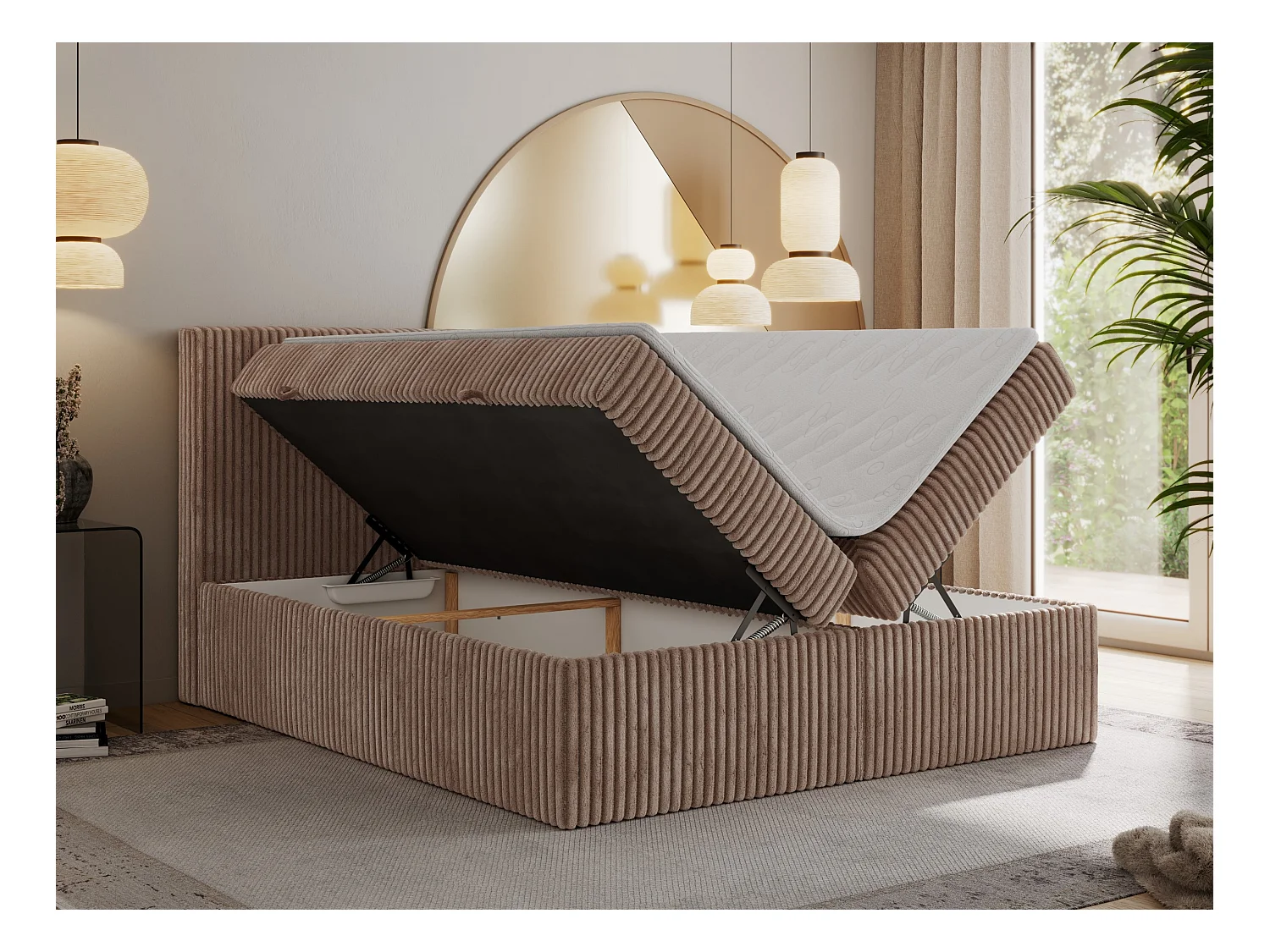 Boxspringbett TILIANO mit Kopfteil und zwei Bettkästen, Cord Bett - 180x200 cm - H4 - Braun Cord