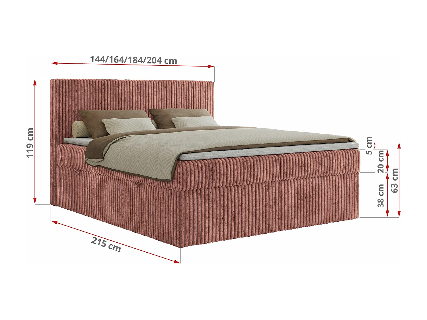 Boxspringbett TILIANO mit Kopfteil und zwei Bettkästen, Cord Bett - 200x200 cm - H4 - Rosa Cord