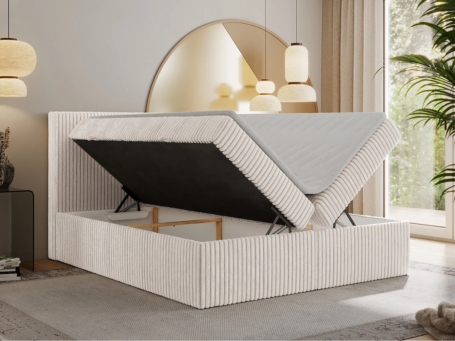 Boxspringbett TILIANO mit Kopfteil und zwei Bettkästen, Cord Bett - 200x200 cm - H3 - Beige Cord