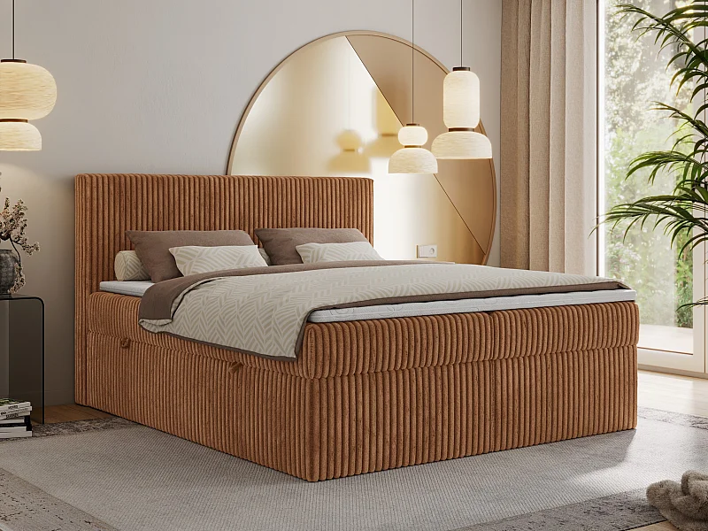 Boxspringbett TILIANO mit Kopfteil und zwei Bettkästen, Cord Bett - 140x200 cm - H3 - Orange Cord