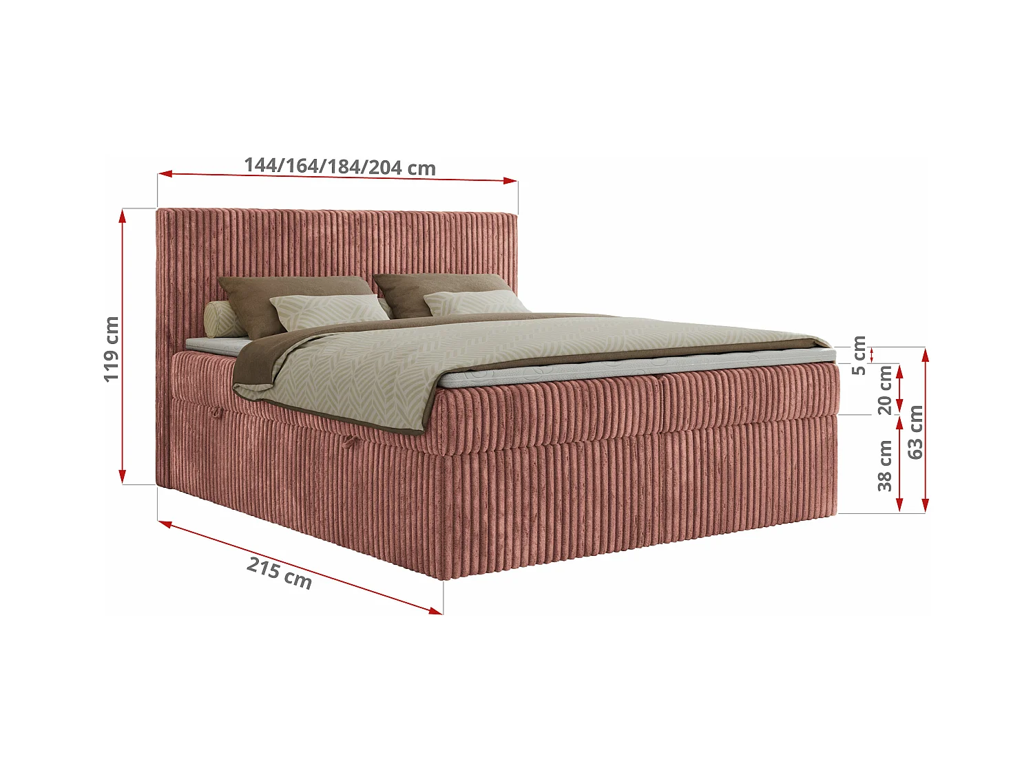 Boxspringbett TILIANO mit Kopfteil und zwei Bettkästen, Cord Bett - 180x200 cm - H4 - Rosa Cord