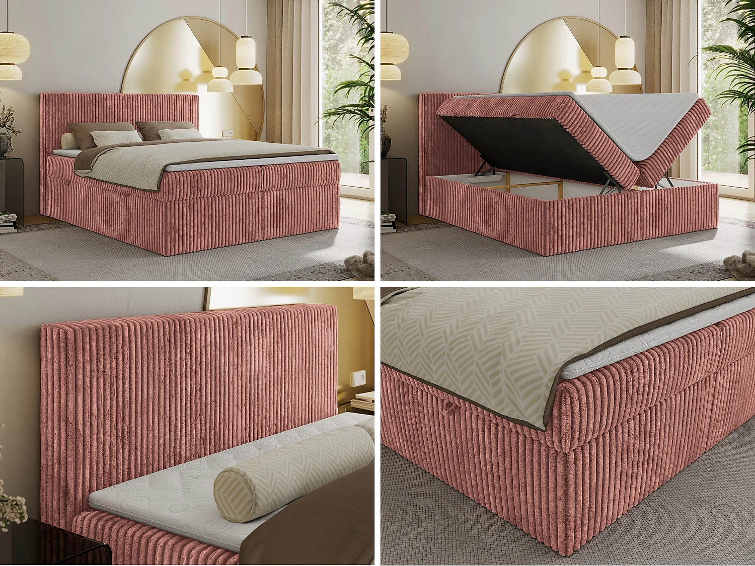 Boxspringbett TILIANO mit Kopfteil und zwei Bettkästen, Cord Bett - 180x200 cm - H4 - Rosa Cord