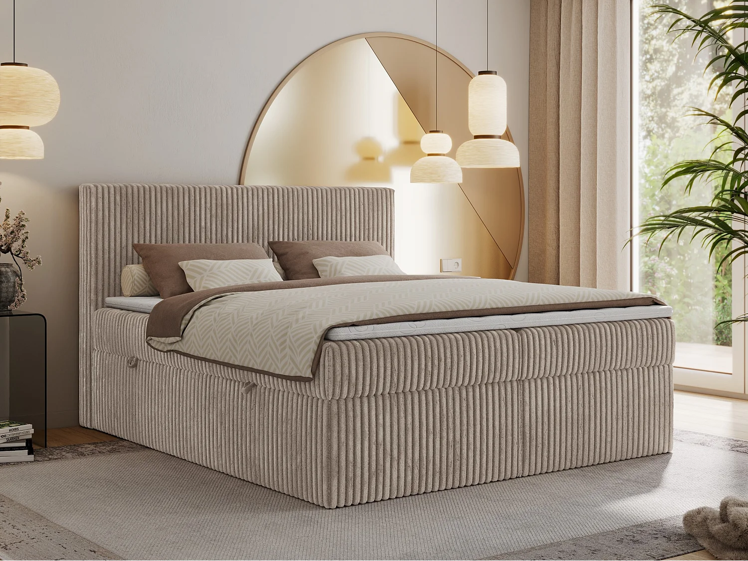 Boxspringbett TILIANO mit Kopfteil und zwei Bettkästen, Cord Bett - 200x200 cm - H3 - Hellbraun Cord