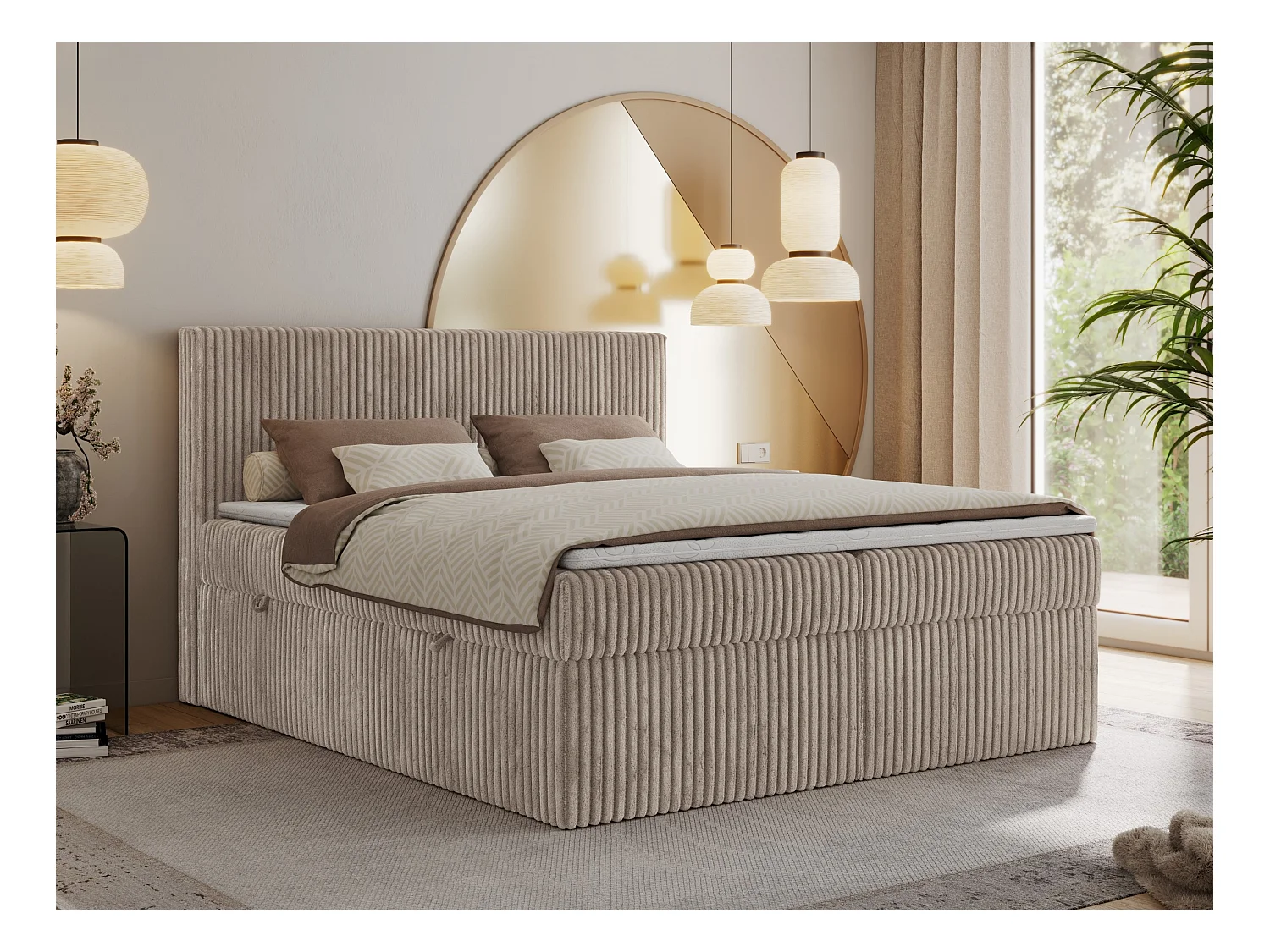 Boxspringbett TILIANO mit Kopfteil und zwei Bettkästen, Cord Bett - 140x200 cm - H4 - Hellbraun Cord