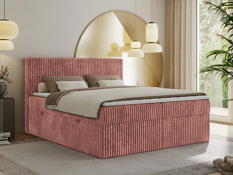 Boxspringbett TILIANO mit Kopfteil und zwei Bettkästen, Cord Bett - 200x200 cm - H3 - Rosa Cord