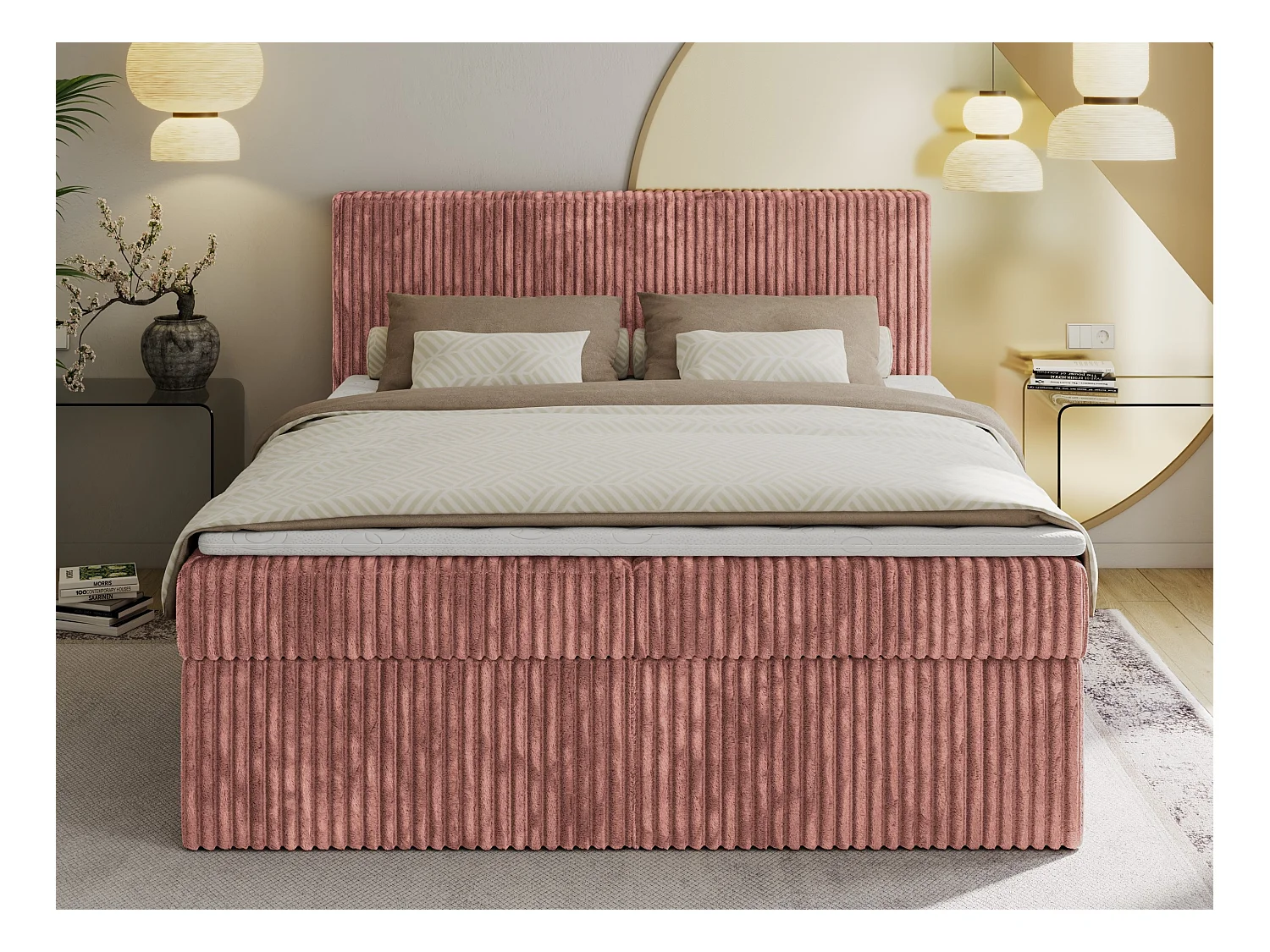 Boxspringbett TILIANO mit Kopfteil und zwei Bettkästen, Cord Bett - 200x200 cm - H3 - Rosa Cord