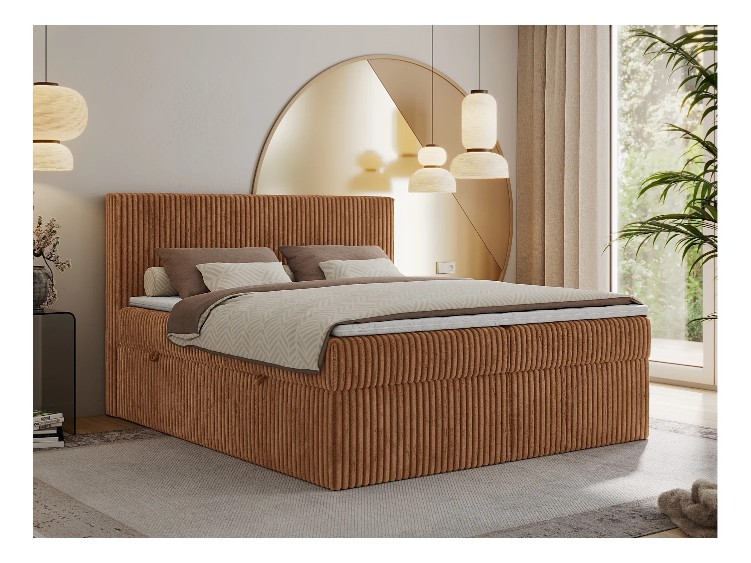 Boxspringbett TILIANO mit Kopfteil und zwei Bettkästen, Cord Bett - 180x200 cm - H3 - Orange Cord