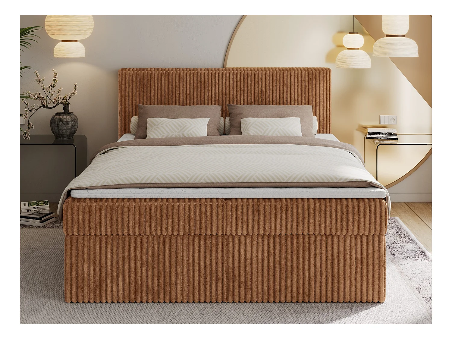 Boxspringbett TILIANO mit Kopfteil und zwei Bettkästen, Cord Bett - 180x200 cm - H3 - Orange Cord