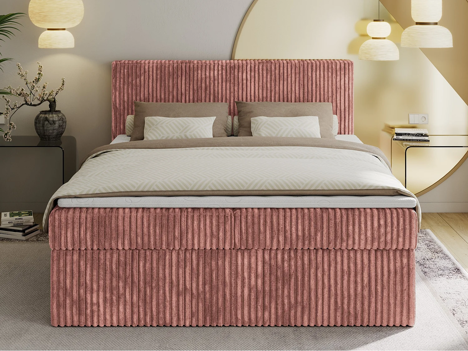Boxspringbett TILIANO mit Kopfteil und zwei Bettkästen, Cord Bett - 180x200 cm - H3 - Rosa Cord