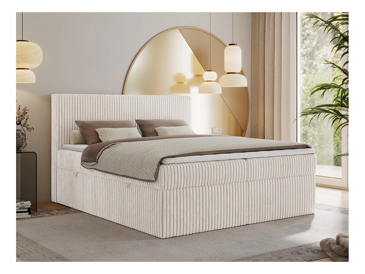 Boxspringbett TILIANO mit Kopfteil und zwei Bettkästen, Cord Bett - 140x200 cm - H3 - Beige Cord