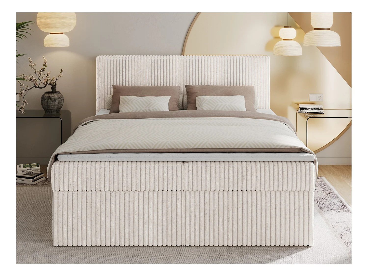 Boxspringbett TILIANO mit Kopfteil und zwei Bettkästen, Cord Bett - 140x200 cm - H3 - Beige Cord
