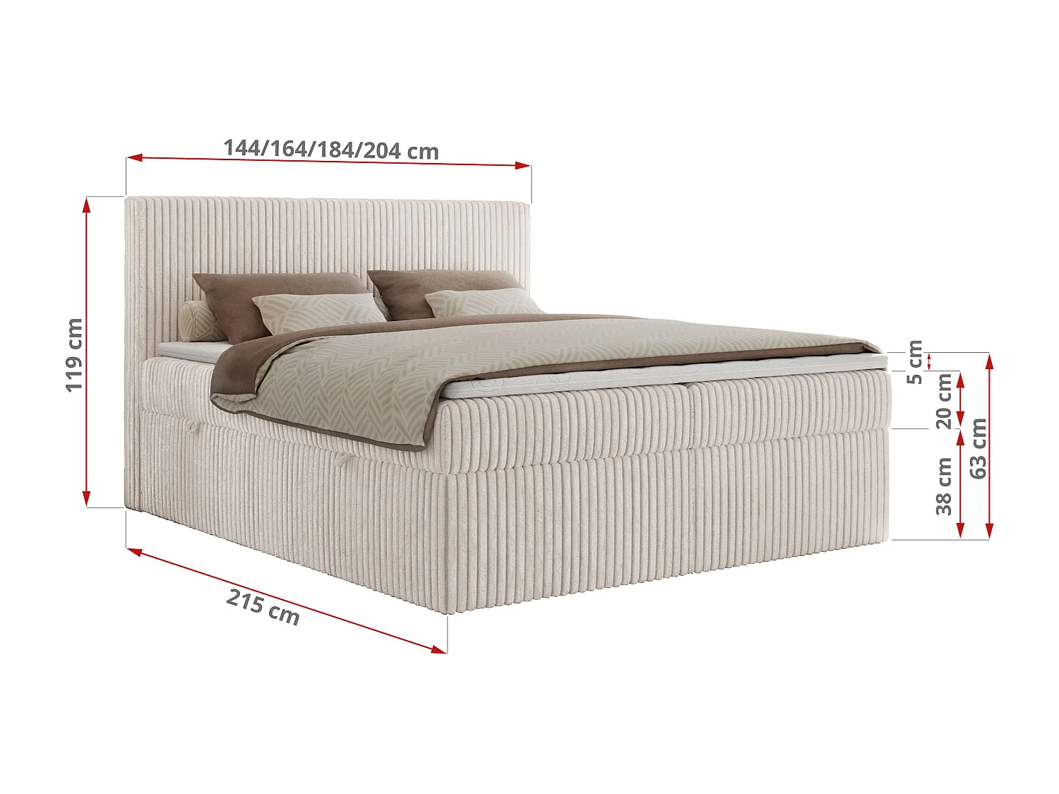 Boxspringbett TILIANO mit Kopfteil und zwei Bettkästen, Cord Bett - 140x200 cm - H3 - Beige Cord