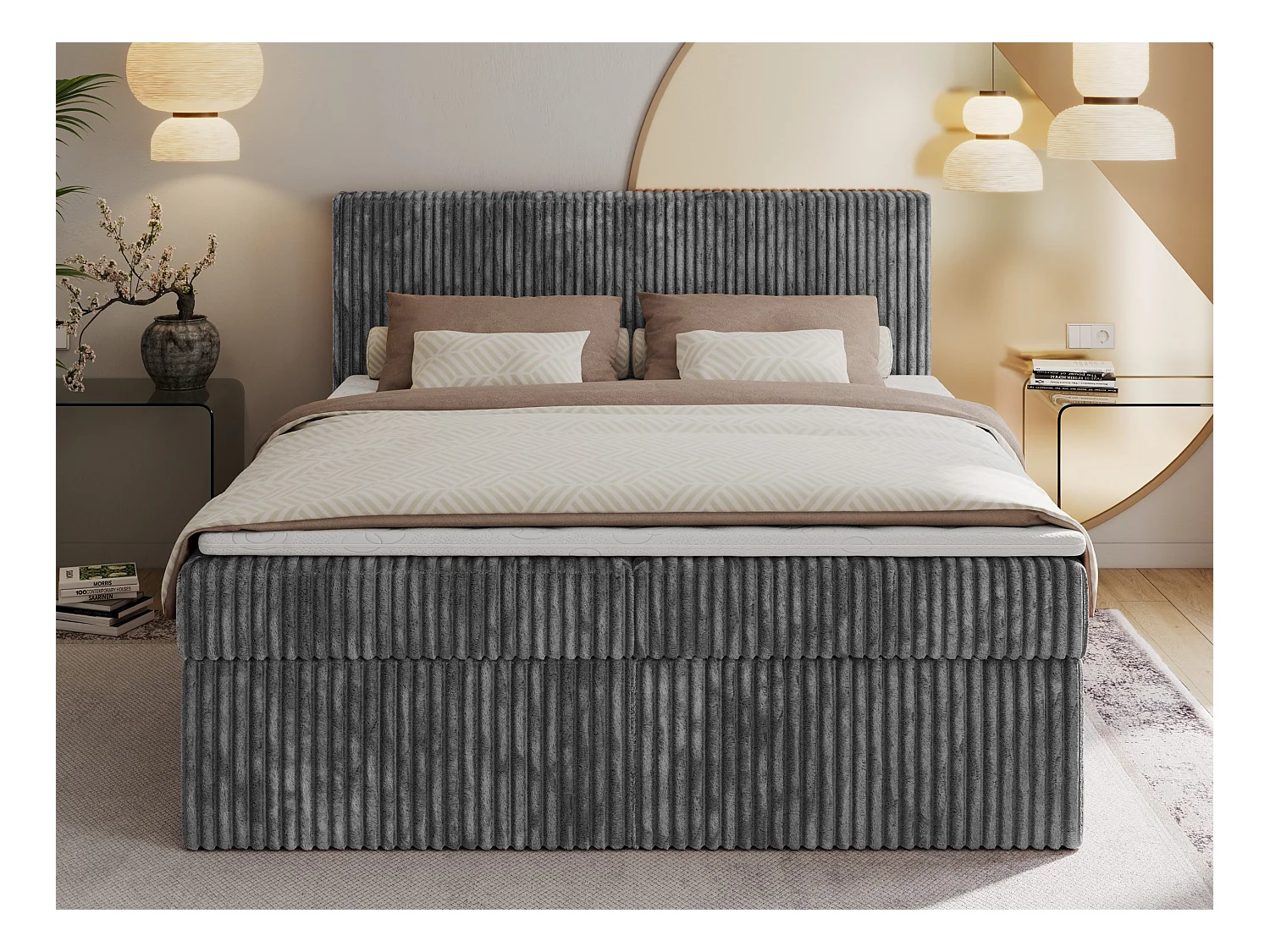 Boxspringbett TILIANO mit Kopfteil und zwei Bettkästen, Cord Bett - 200x200 cm - H4 - Grau Cord