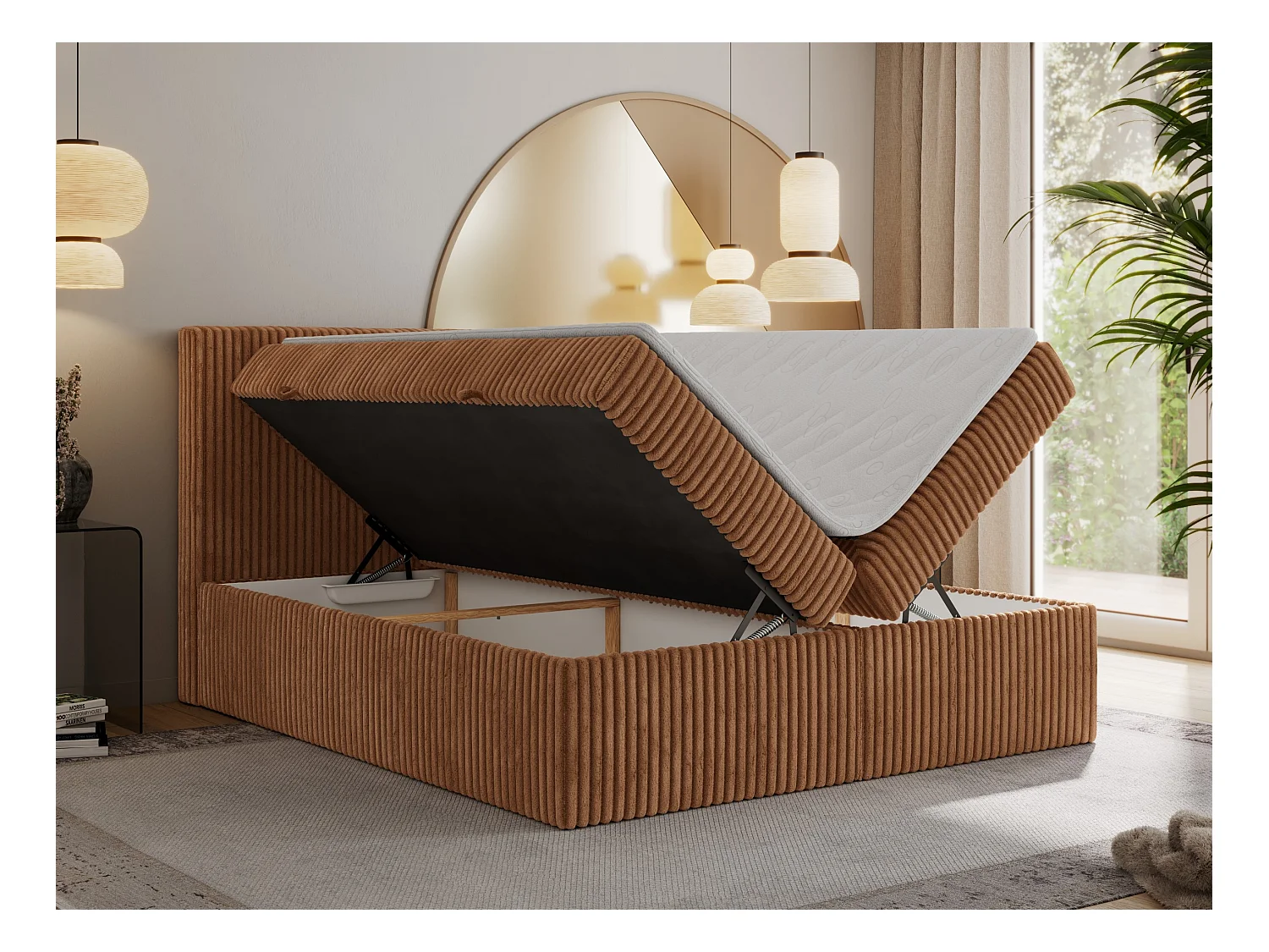 Boxspringbett TILIANO mit Kopfteil und zwei Bettkästen, Cord Bett - 200x200 cm - H4 - Orange Cord