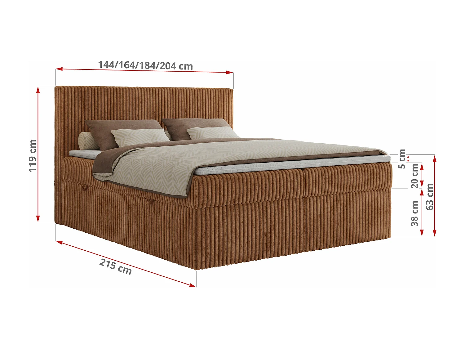 Boxspringbett TILIANO mit Kopfteil und zwei Bettkästen, Cord Bett - 200x200 cm - H4 - Orange Cord