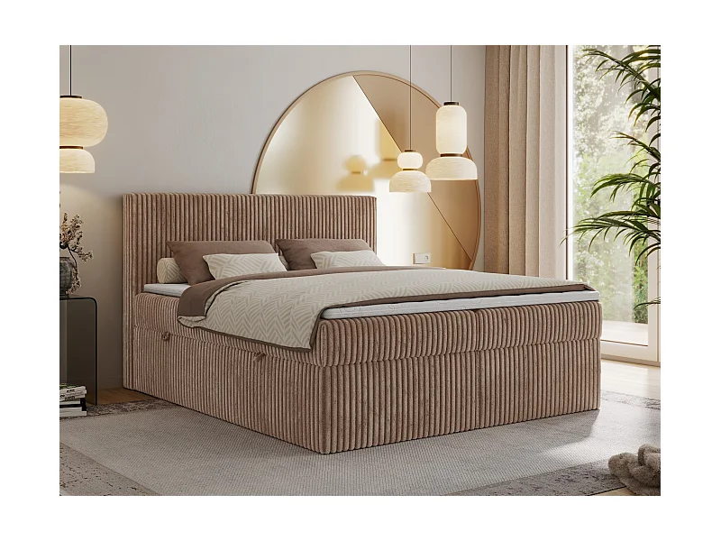 Boxspringbett TILIANO mit Kopfteil und zwei Bettkästen, Cord Bett - 140x200 cm - H3 - Braun Cord