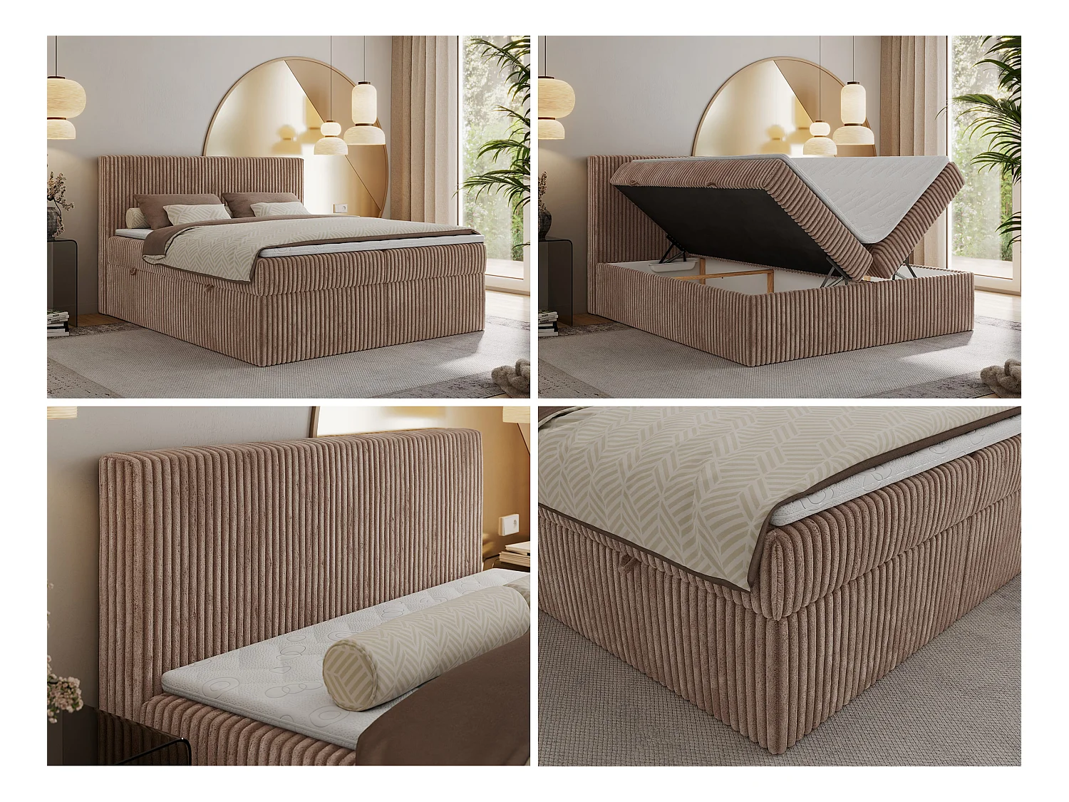 Boxspringbett TILIANO mit Kopfteil und zwei Bettkästen, Cord Bett - 140x200 cm - H3 - Braun Cord