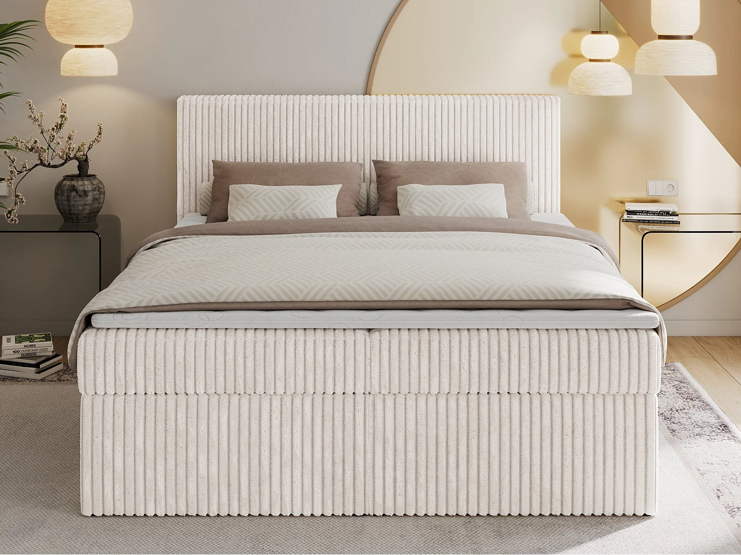 Boxspringbett TILIANO mit Kopfteil und zwei Bettkästen, Cord Bett - 160x200 cm - H3 - Beige Cord