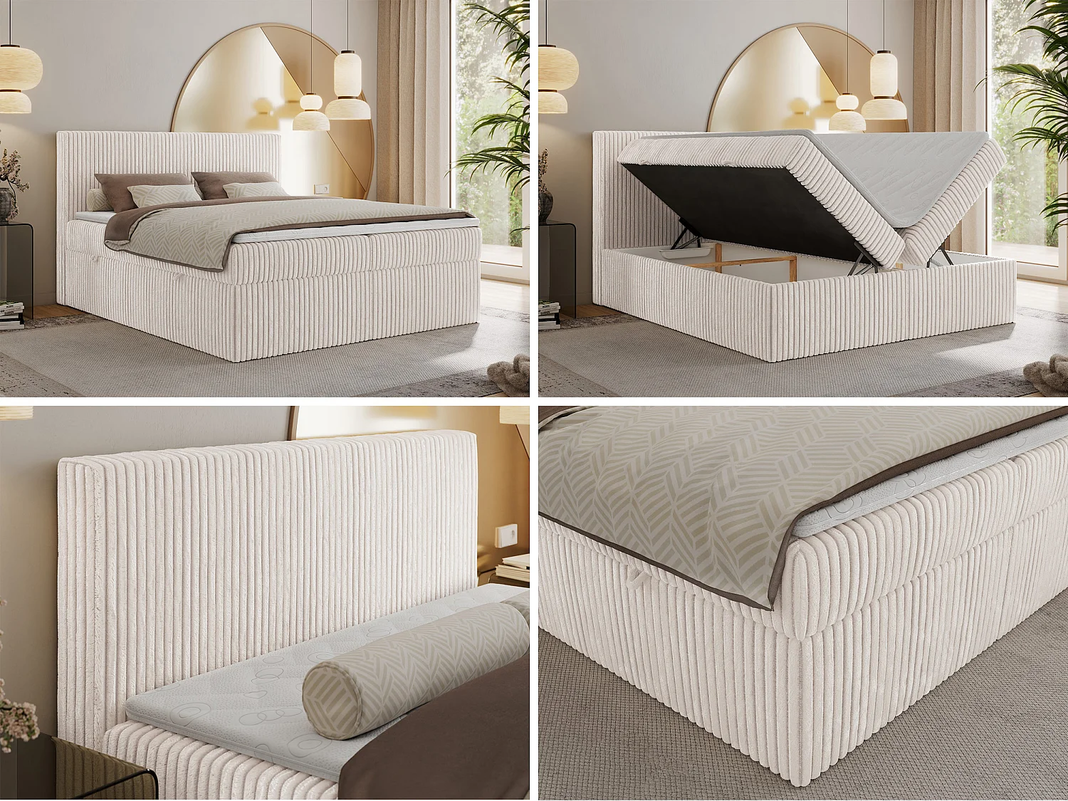 Boxspringbed met hoofdbord H3 + Topper T25 - Beige Ribstof - 160x200 - TILIANO