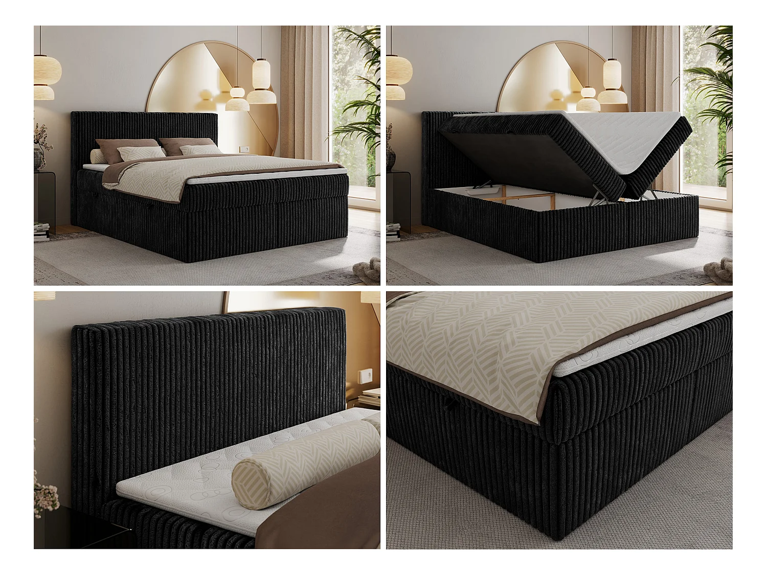 Boxspringbett TILIANO mit Kopfteil und zwei Bettkästen, Cord Bett - 160x200 cm - H3 - Schwarz Cord