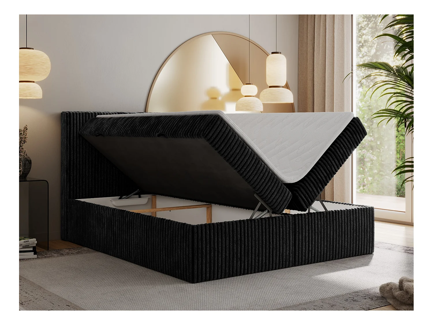 Boxspringbett TILIANO mit Kopfteil und zwei Bettkästen, Cord Bett - 160x200 cm - H3 - Schwarz Cord