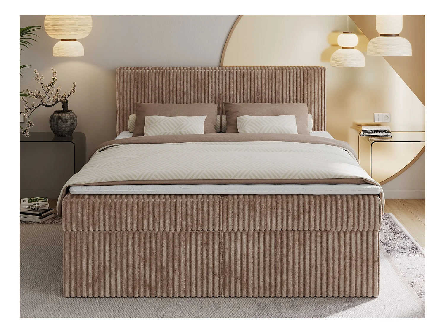 Boxspringbett TILIANO mit Kopfteil und zwei Bettkästen, Cord Bett - 160x200 cm - H3 - Braun Cord