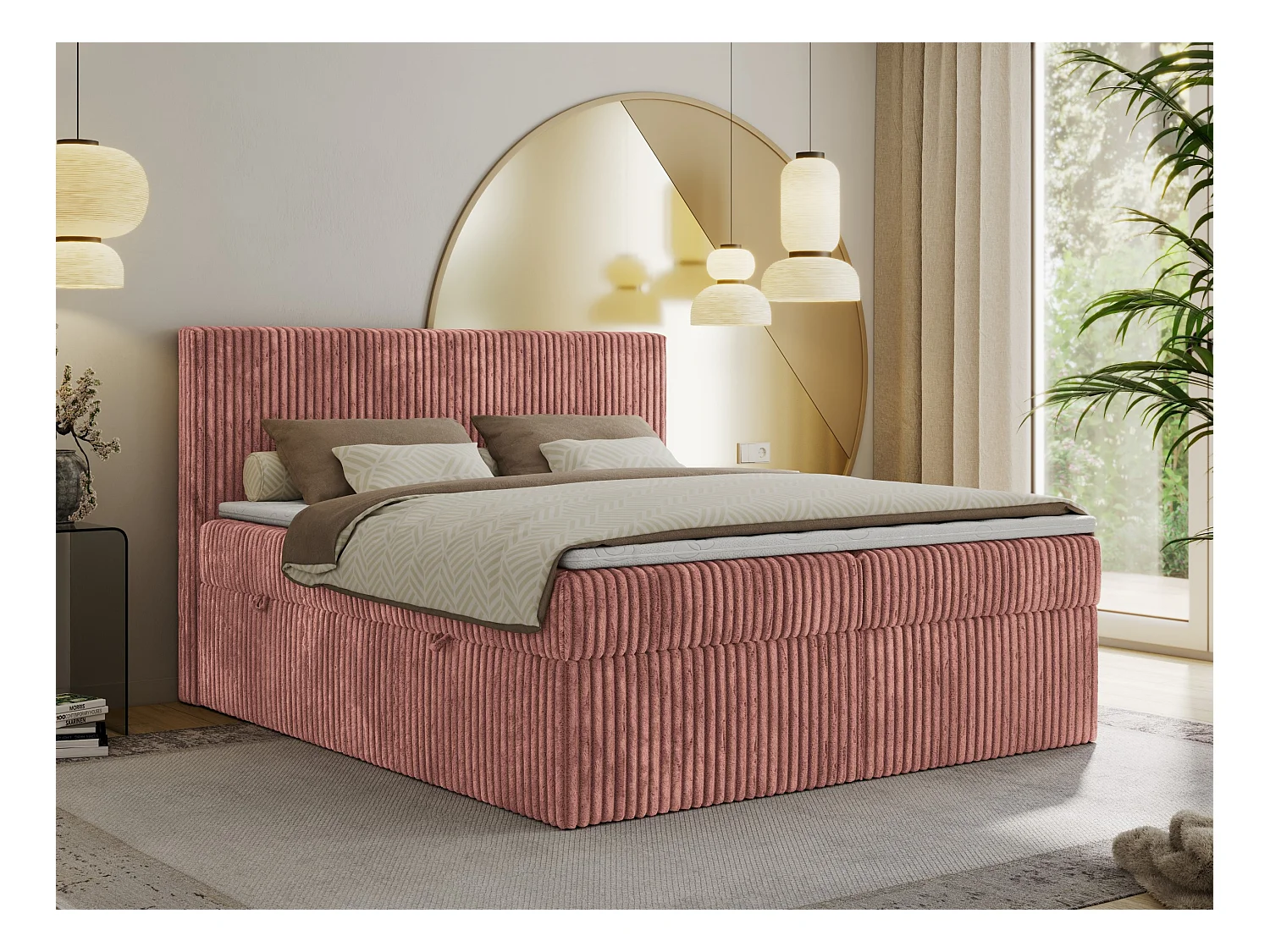 Boxspringbett TILIANO mit Kopfteil und zwei Bettkästen, Cord Bett - 160x200 cm - H4 - Rosa Cord