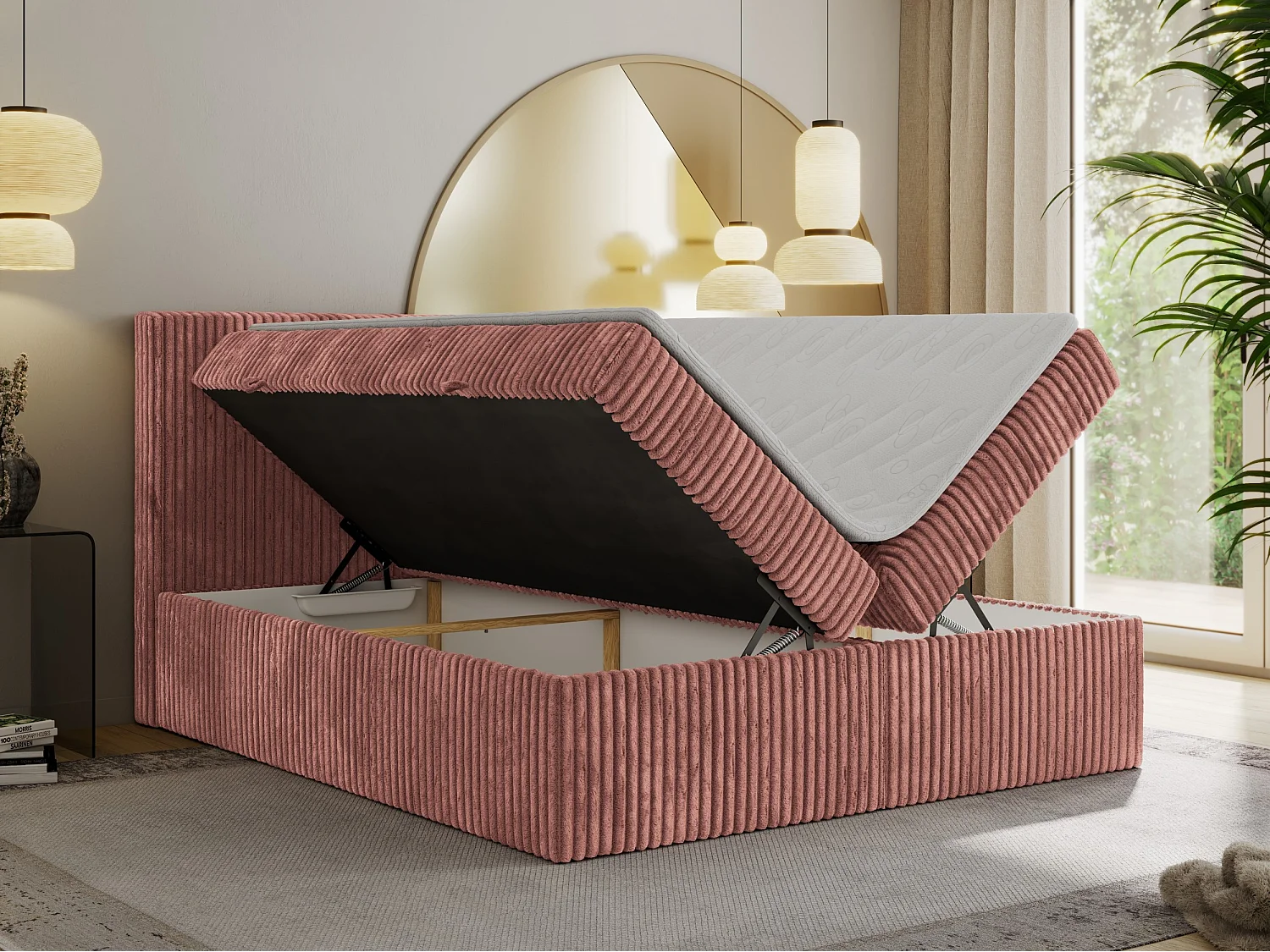 Boxspringbett TILIANO mit Kopfteil und zwei Bettkästen, Cord Bett - 160x200 cm - H4 - Rosa Cord