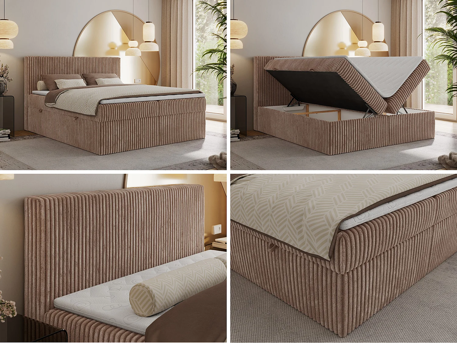 Boxspringbett TILIANO mit Kopfteil und zwei Bettkästen, Cord Bett - 160x200 cm - H4 - Braun Cord