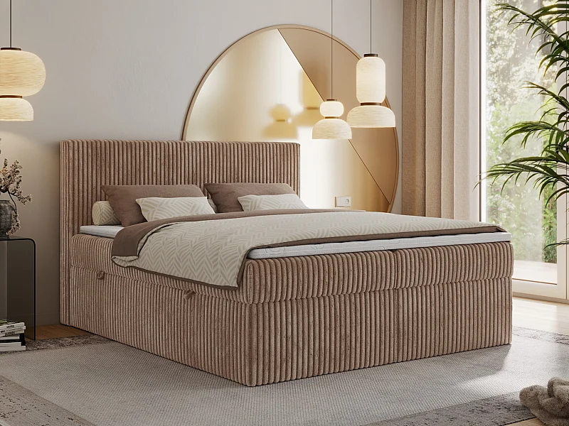 Boxspringbett TILIANO mit Kopfteil und zwei Bettkästen, Cord Bett - 160x200 cm - H4 - Braun Cord