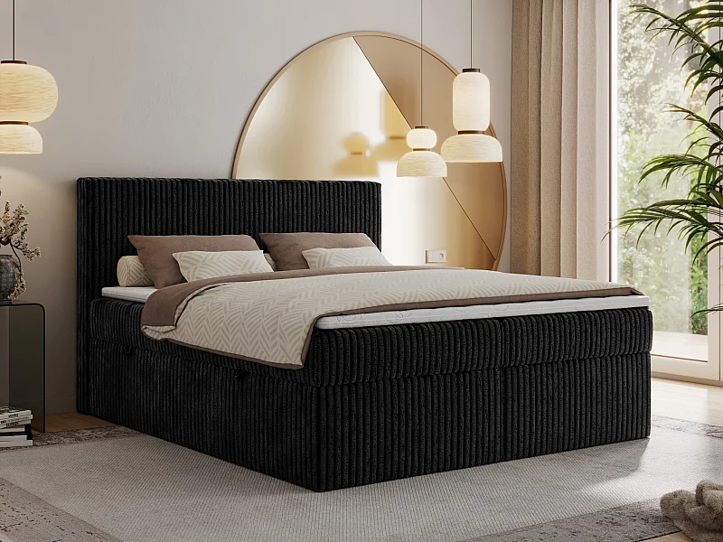 Boxspringbett TILIANO mit Kopfteil und zwei Bettkästen, Cord Bett - 160x200 cm - H4 - Schwarz Cord